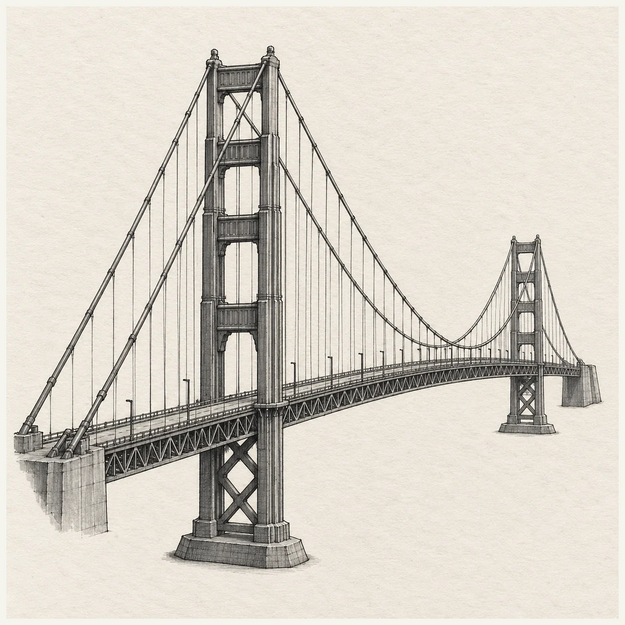 Detailed black and gray marker drawing of a suspension bridge with two towers, hanging cables and a receding deck on textured paper.