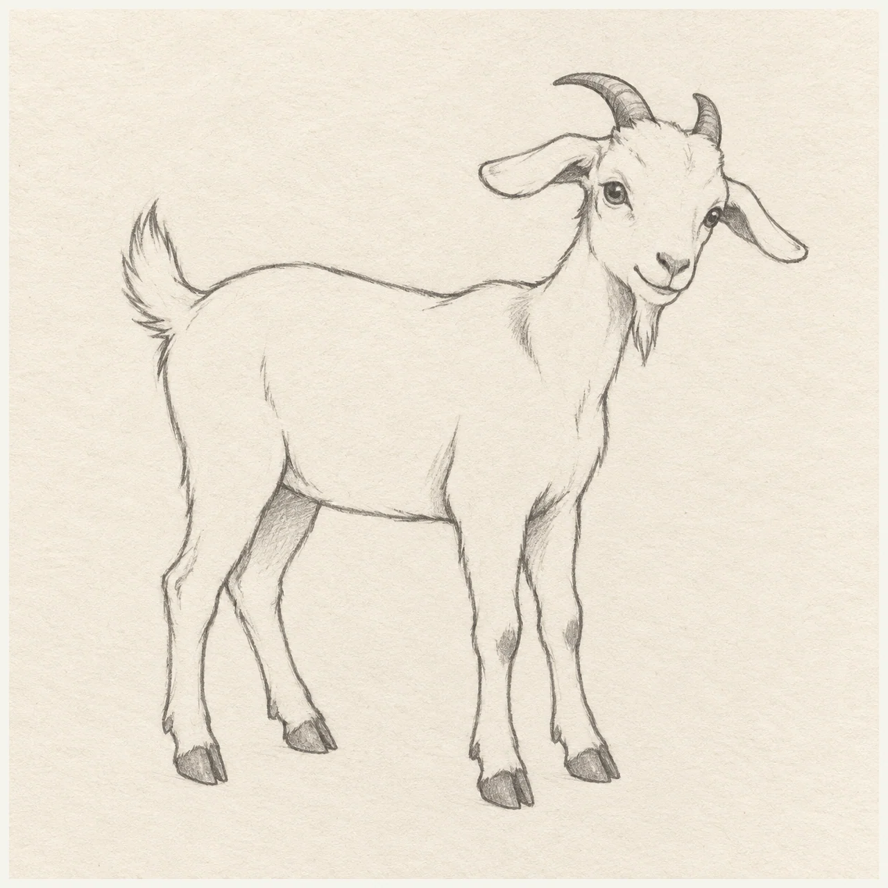 Graphite sketch of goat on textured off-white paper, with small horns and turned head.