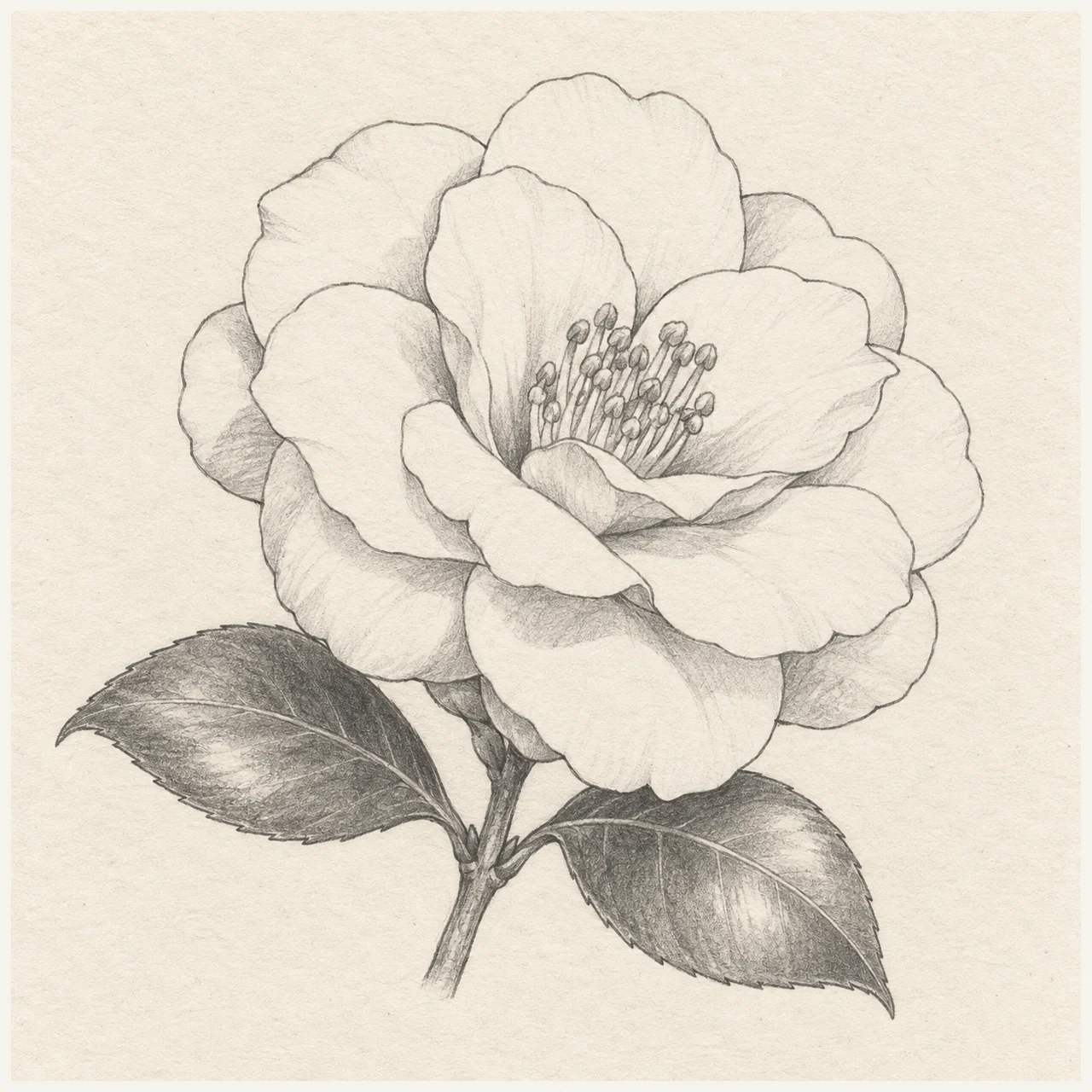 Pencil drawing of a camellia with overlapping broad petals, central stamens and two leaves on textured paper.