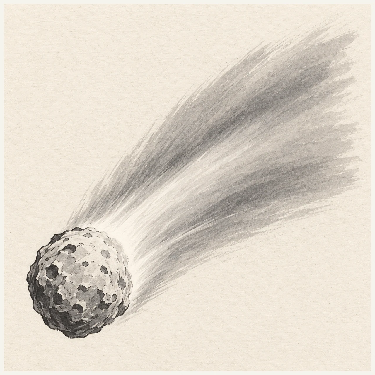 Comet drawn in black and gray marker on pale cream textured sketchbook paper, with a complete silhouette and open margins.