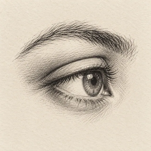 Human eye drawn in black and gray fineliner on pale cream textured sketchbook paper, with a complete silhouette and open margins.