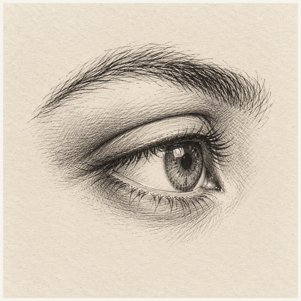 Human eye drawn in black and gray fineliner on pale cream textured sketchbook paper, with a complete silhouette and open margins.