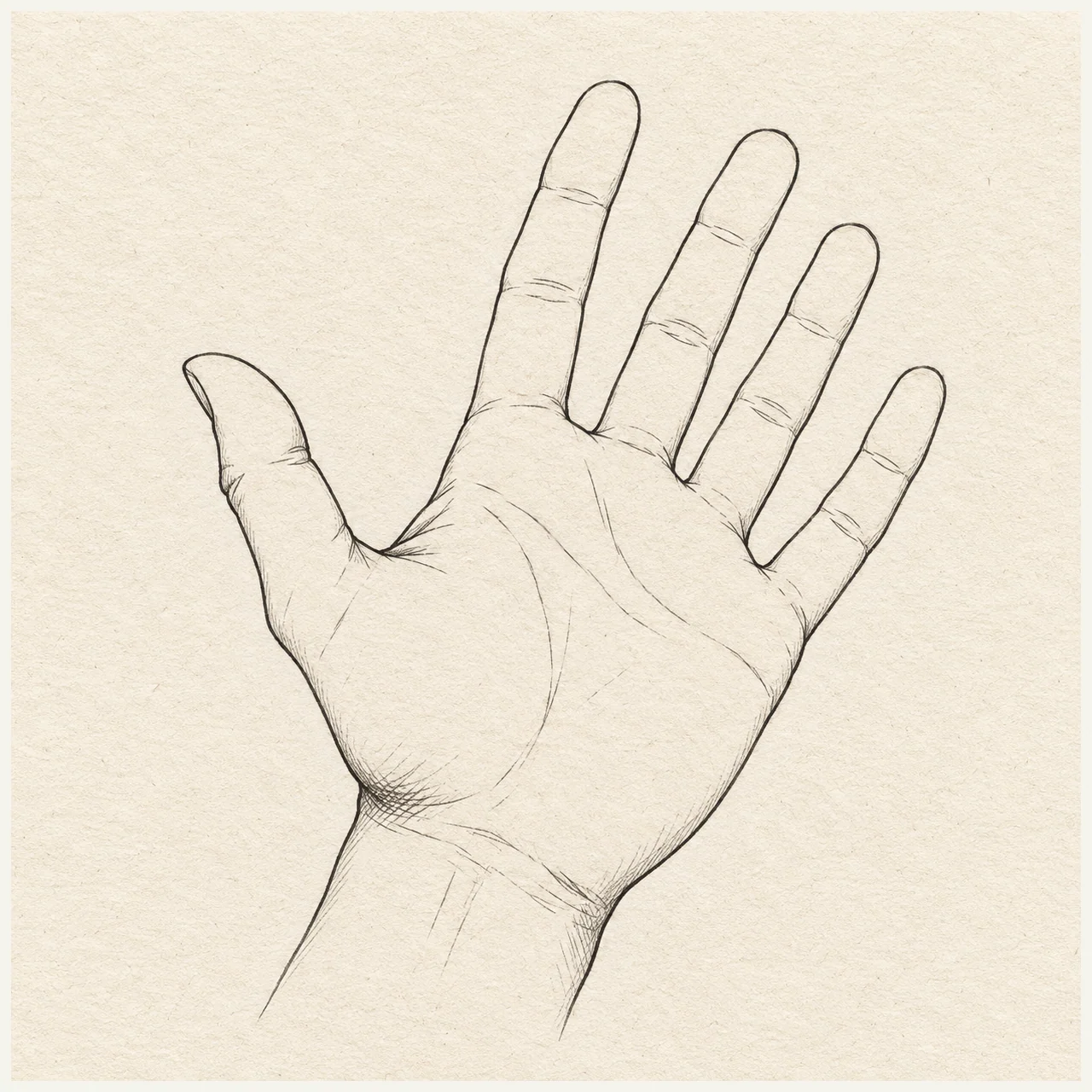 Open hand drawn in black and gray fineliner on pale cream textured sketchbook paper, with a complete silhouette and open margins.