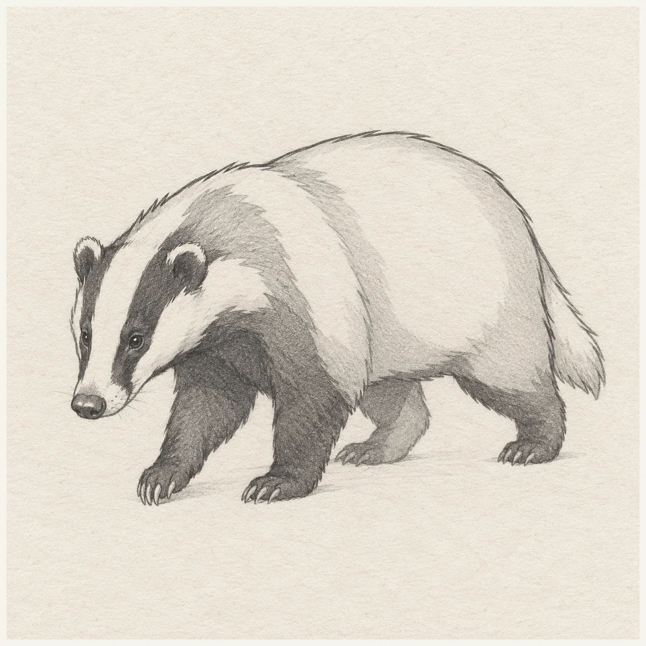 Pencil drawing of a walking badger with four overlapping short legs, bold facial stripes and broad light coat planes on pale textured sketchbook paper.