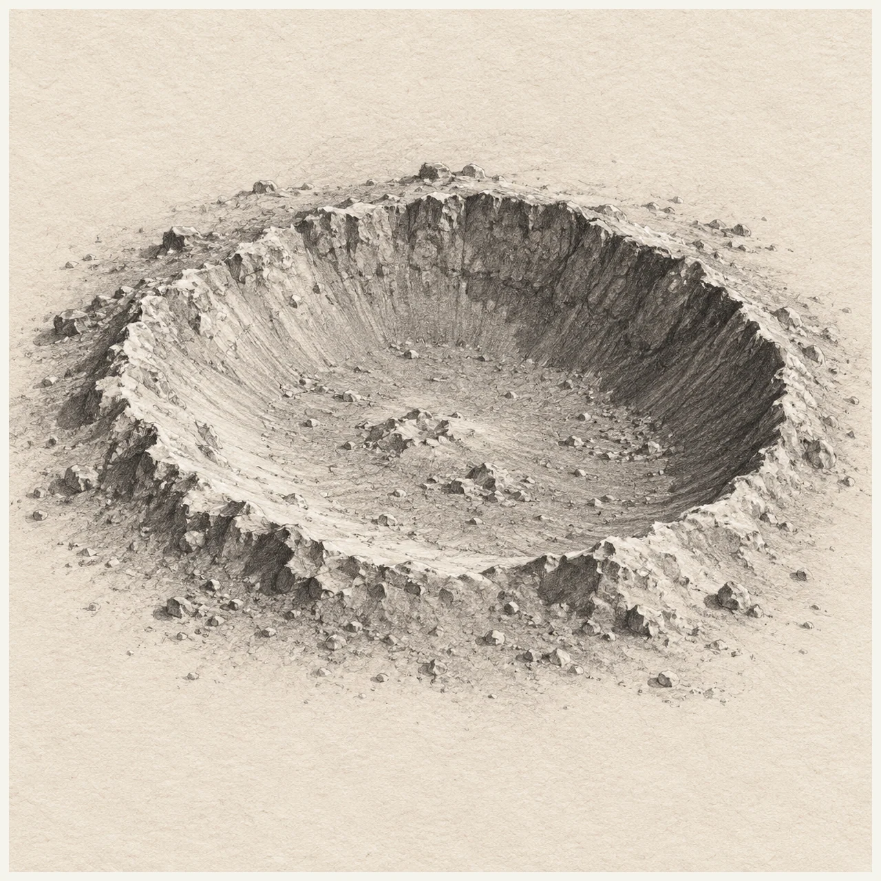 Lunar crater drawn in black and gray pencil on pale cream textured sketchbook paper, with a complete silhouette and open margins.