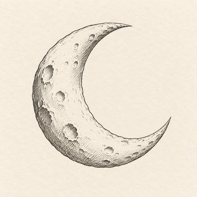 Moon drawn in black and gray fineliner on pale cream textured sketchbook paper, with a complete silhouette and open margins.