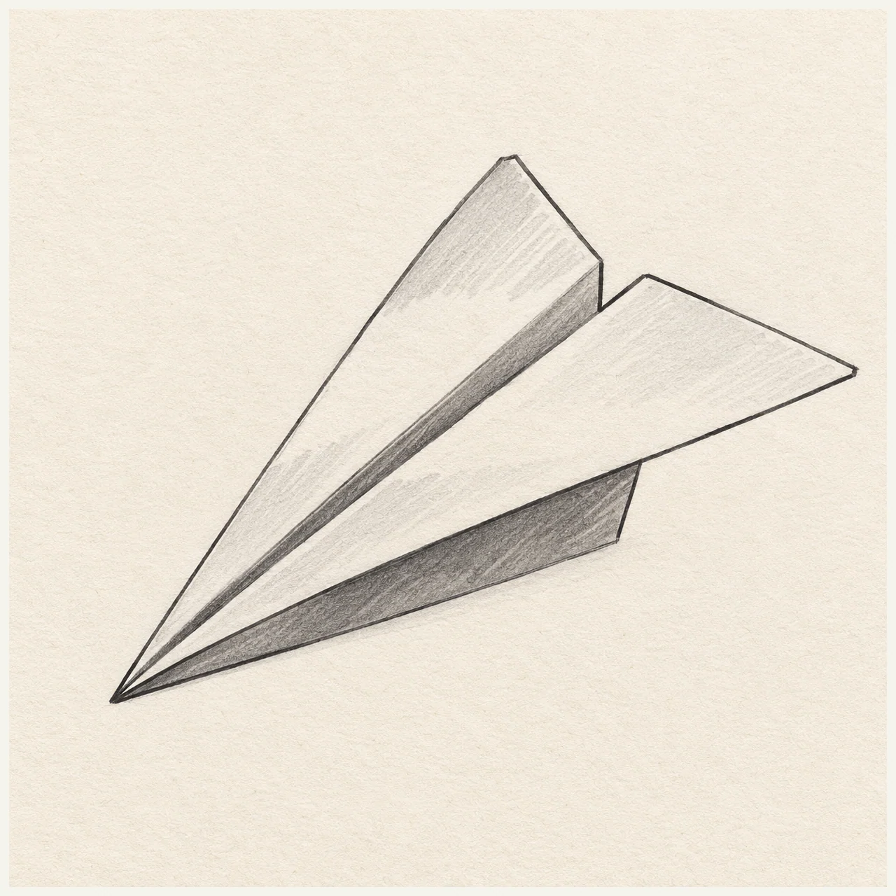 Paper airplane drawn in black and gray marker on pale cream textured sketchbook paper, with a complete silhouette and open margins.