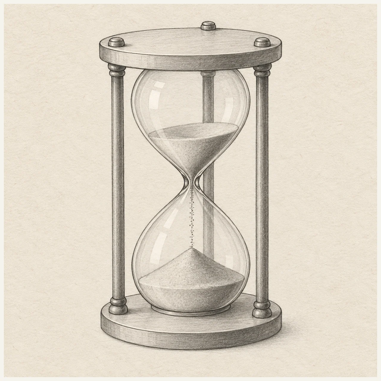 Pencil drawing of a wooden hourglass with glass bulbs, sand, and three supports on textured paper.