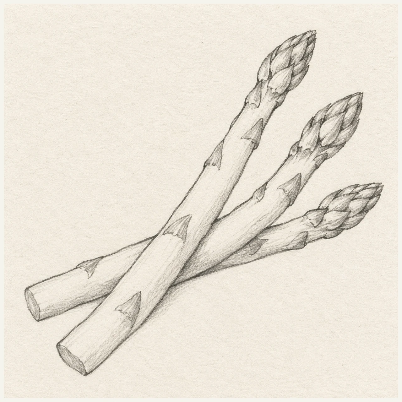 Graphite pencil drawing of three overlapping asparagus spears with pointed buds and sparse stalk nodes on pale textured sketchbook paper.