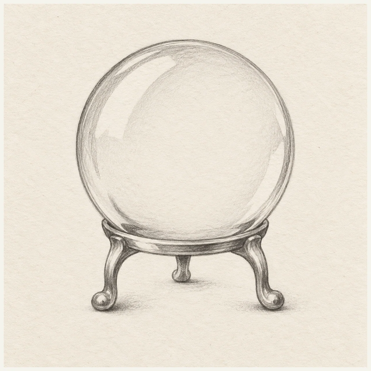 Crystal ball drawn in black and gray pencil on pale cream textured sketchbook paper, with a complete silhouette and open margins.
