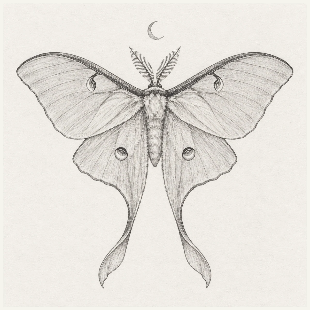 A graphite luna moth with delicate wing veins, long tails, and a crescent moon above.