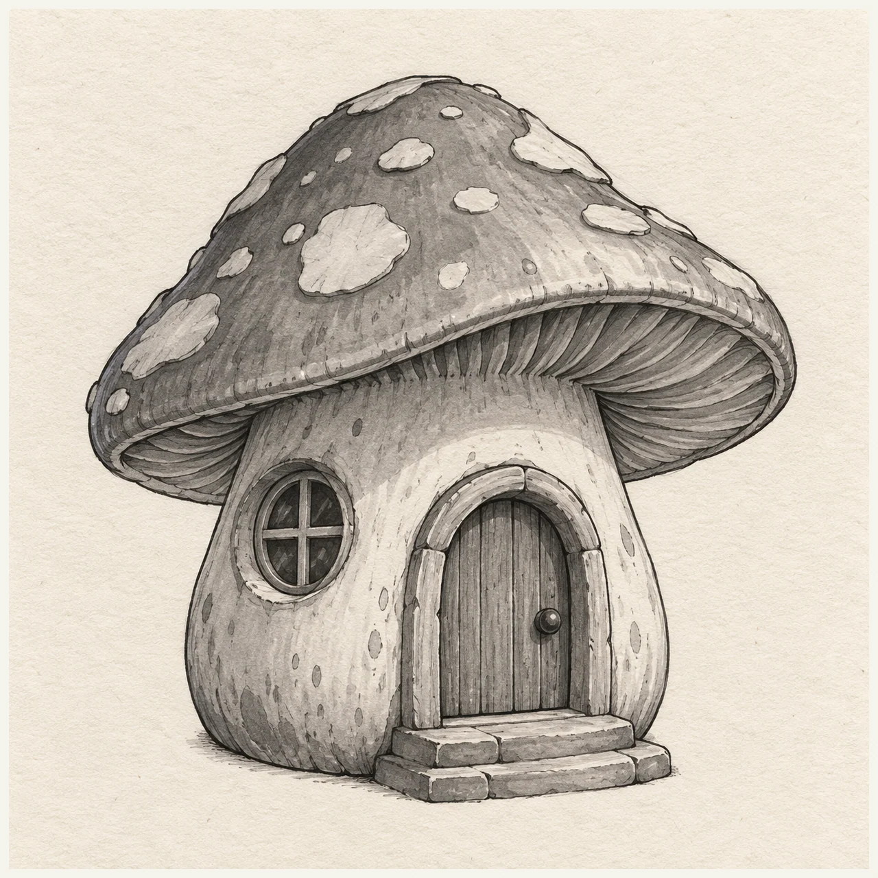 Mushroom house drawn in black and gray marker on pale cream textured sketchbook paper, with a complete silhouette and open margins.