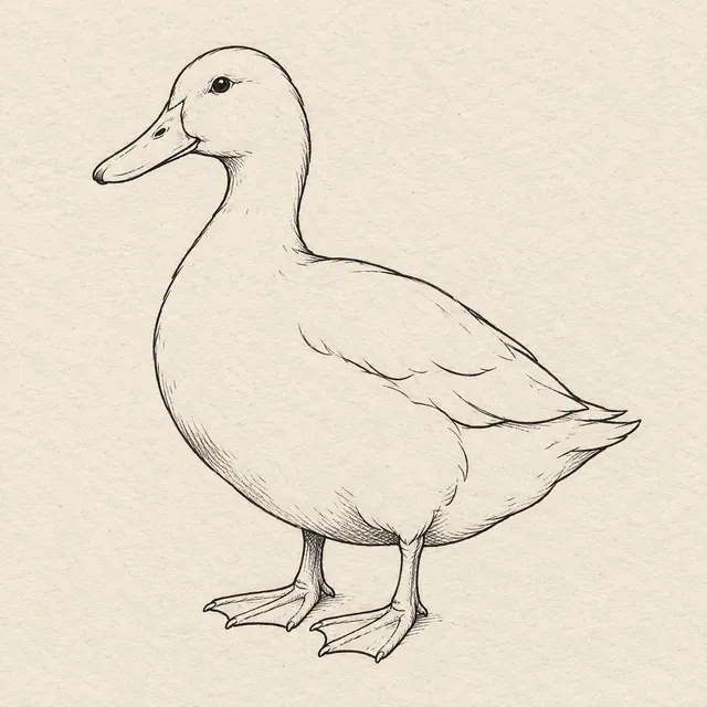 A standing duck in side view, rounded body, folded wing, broad bill and two webbed feet. Black and gray fineliner drawing on warm textured sketchbook paper.
