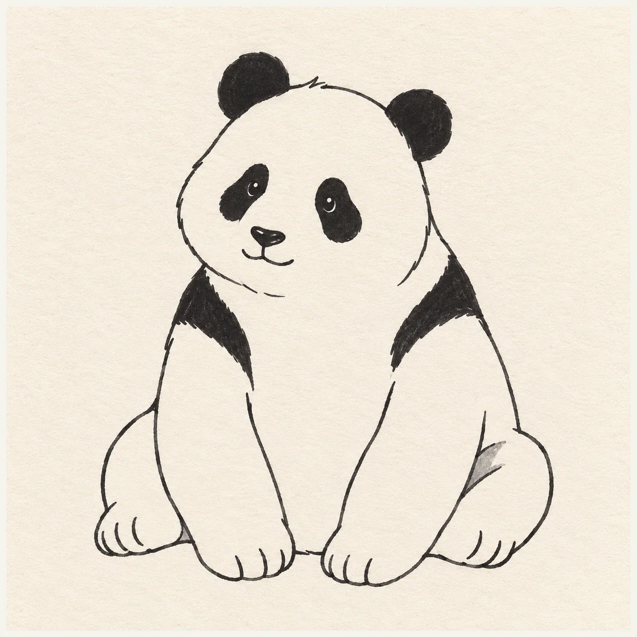 Black marker sketch of a seated panda with dark ear and eye patches and rounded paws on textured off-white paper.