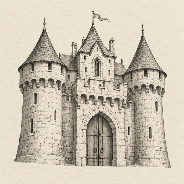 Castle drawn in black and gray fineliner on pale cream textured sketchbook paper, with a complete silhouette and open margins.