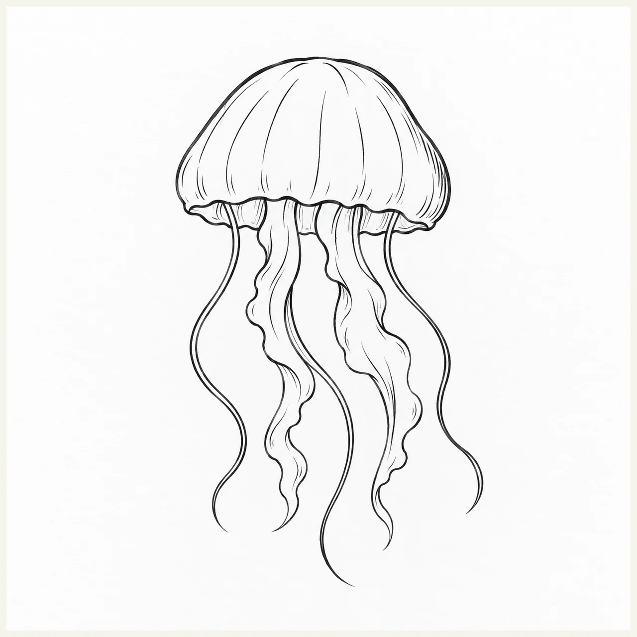 Black marker drawing of a jellyfish with a rounded ribbed bell and several long, loosely flowing tentacles.