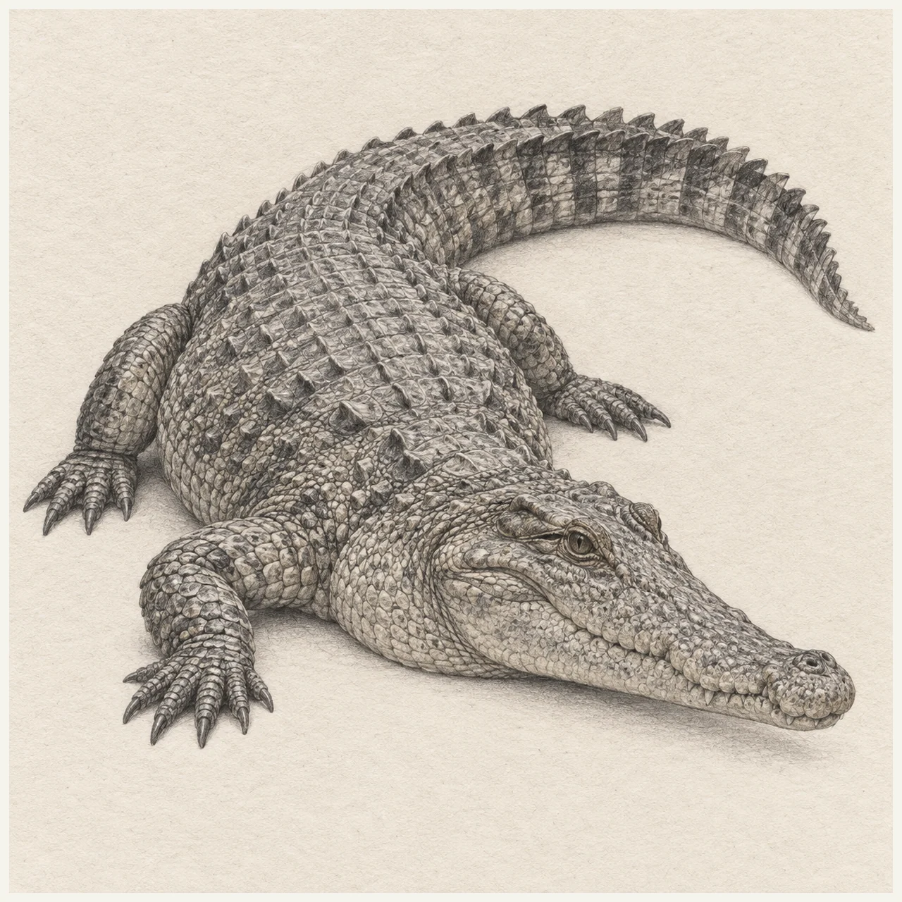 Detailed pencil drawing of a crocodile with a closed long snout, armored back and curved tail on textured paper.