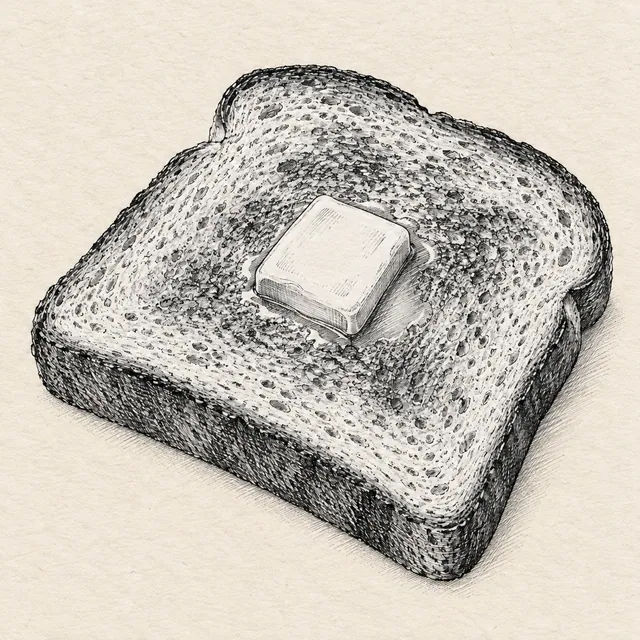One slice of toast viewed slightly from above with a small square of butter and a clear crust edge. Black and gray fineliner drawing on warm textured sketchbook paper.