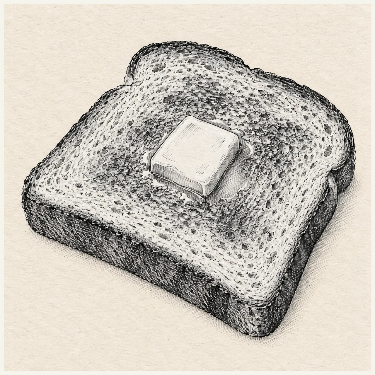 One slice of toast viewed slightly from above with a small square of butter and a clear crust edge. Black and gray fineliner drawing on warm textured sketchbook paper.