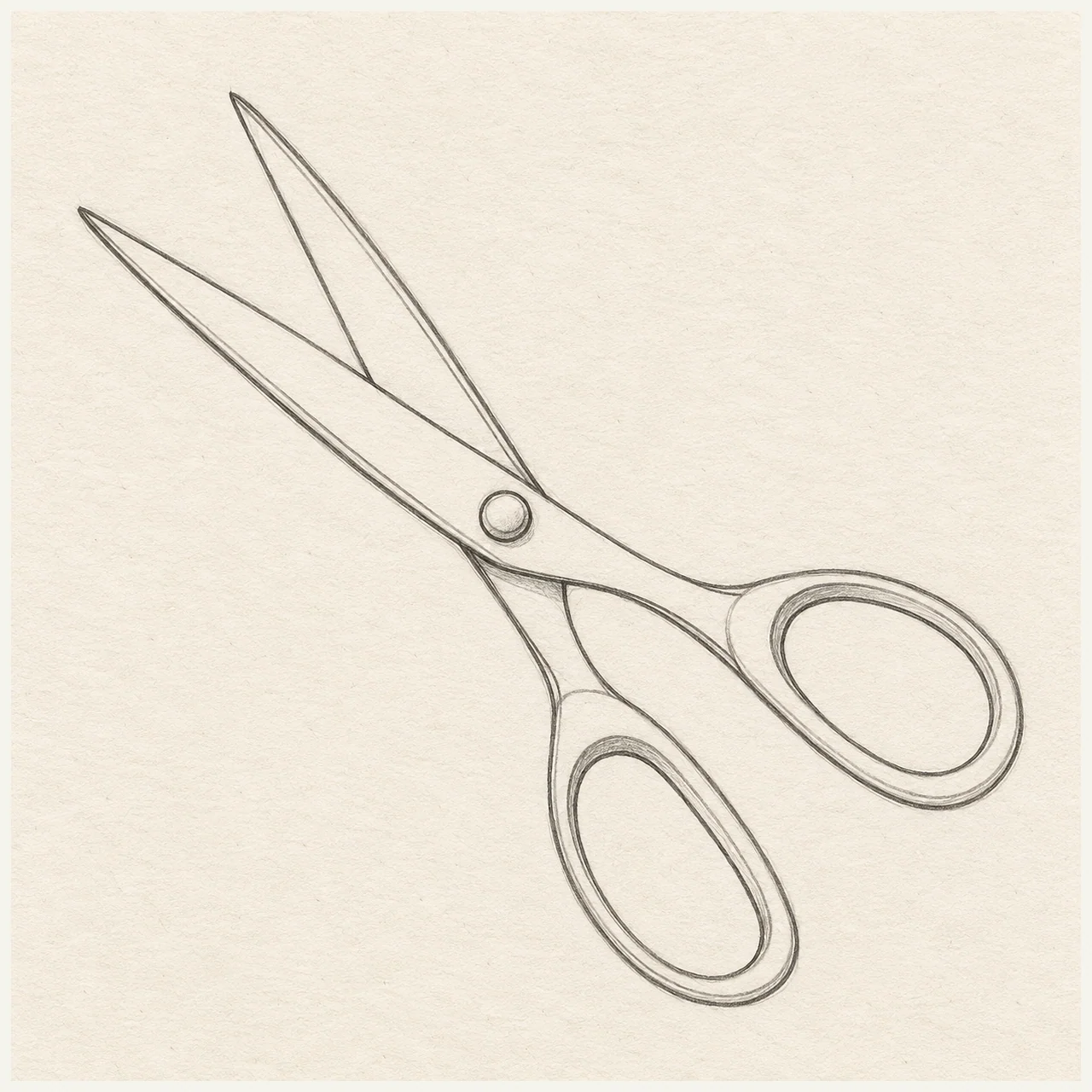 Graphite contour sketch of open scissors with two oval handles, crossing blades, and a round pivot on textured off-white paper.