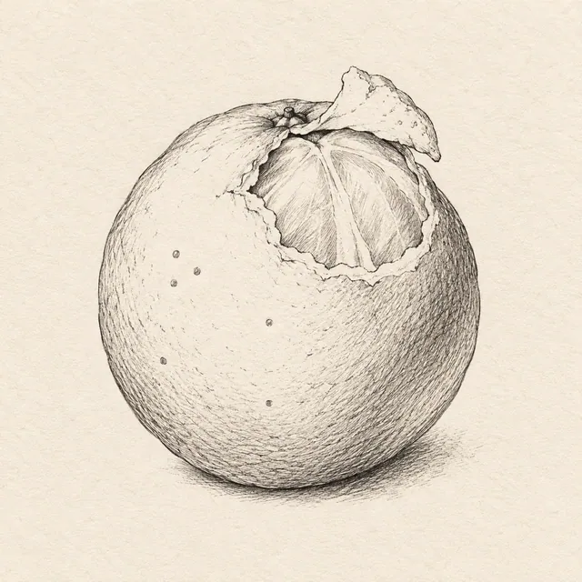 One orange with a small peeled flap at the top exposing two broad segments; otherwise a complete round fruit. Black and gray fineliner drawing on warm textured sketchbook paper.
