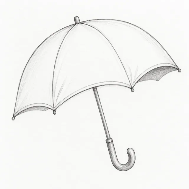 Pencil sketch of an open umbrella at a slight angle, with curved canopy seams, a doubled scalloped edge, a hooked handle, and small shaded areas.