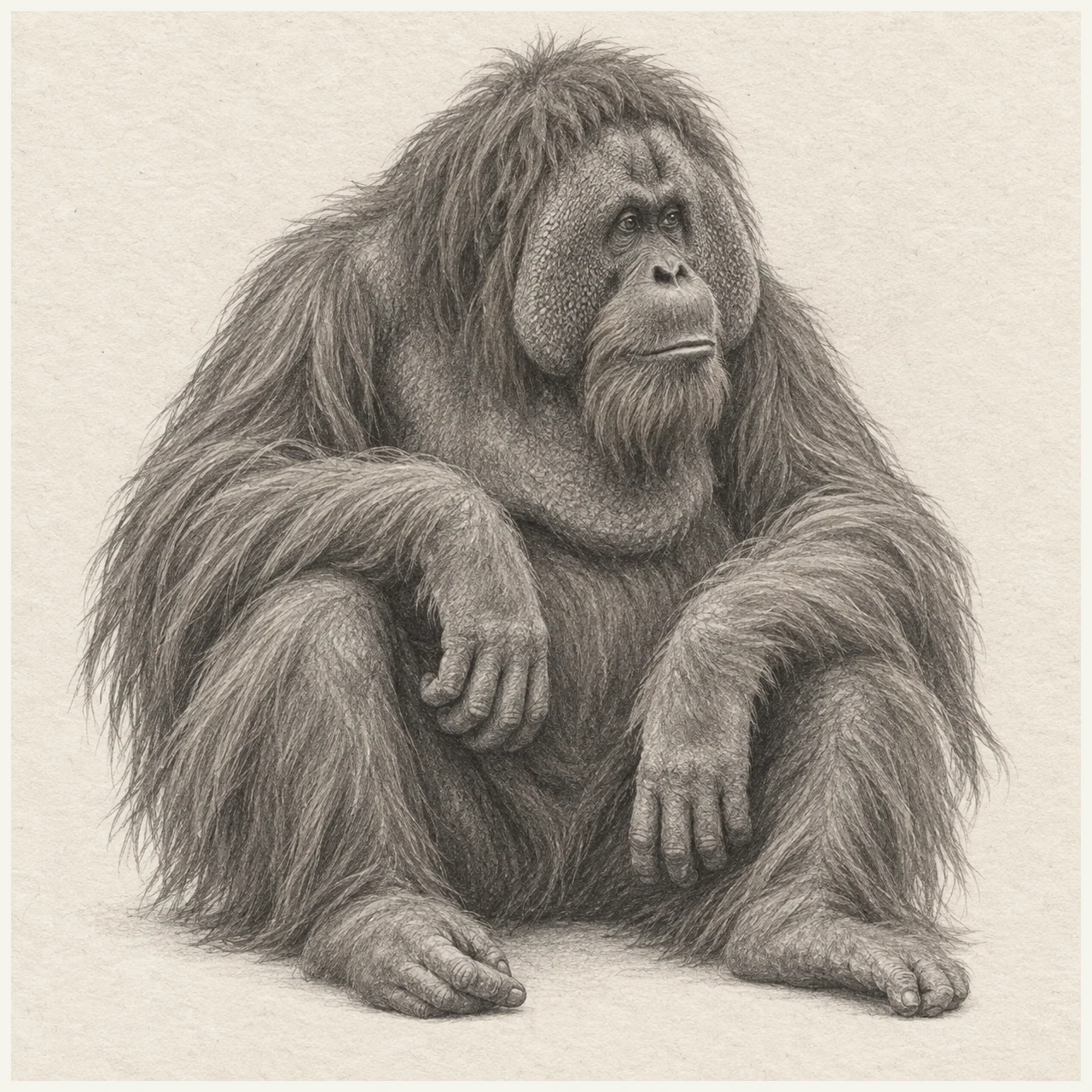 Detailed pencil drawing of a seated orangutan with long arms resting over bent knees on textured paper.