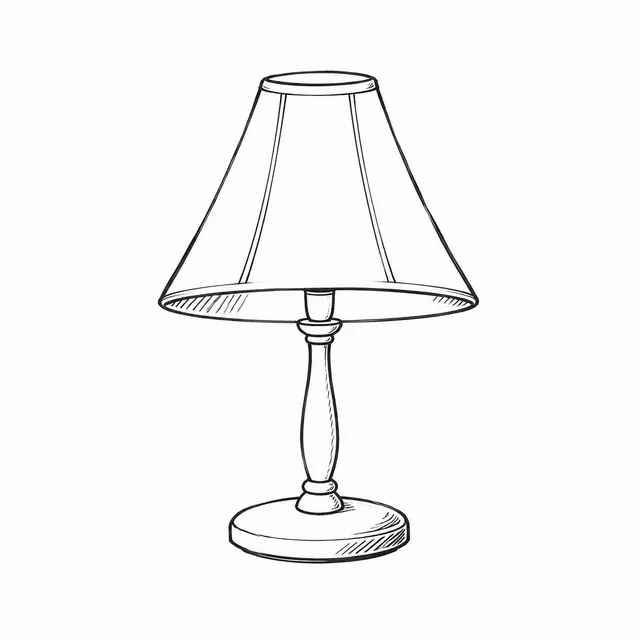 Black marker drawing of a small table lamp with a flared shade, gently shaped stem, oval base, and sparse underside hatching.