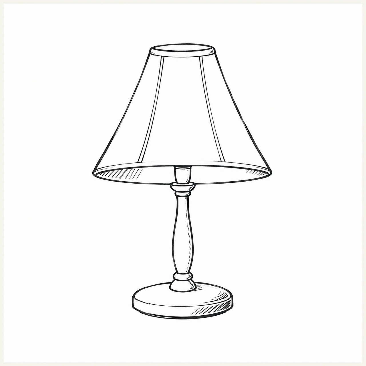 Black marker drawing of a small table lamp with a flared shade, gently shaped stem, oval base, and sparse underside hatching.