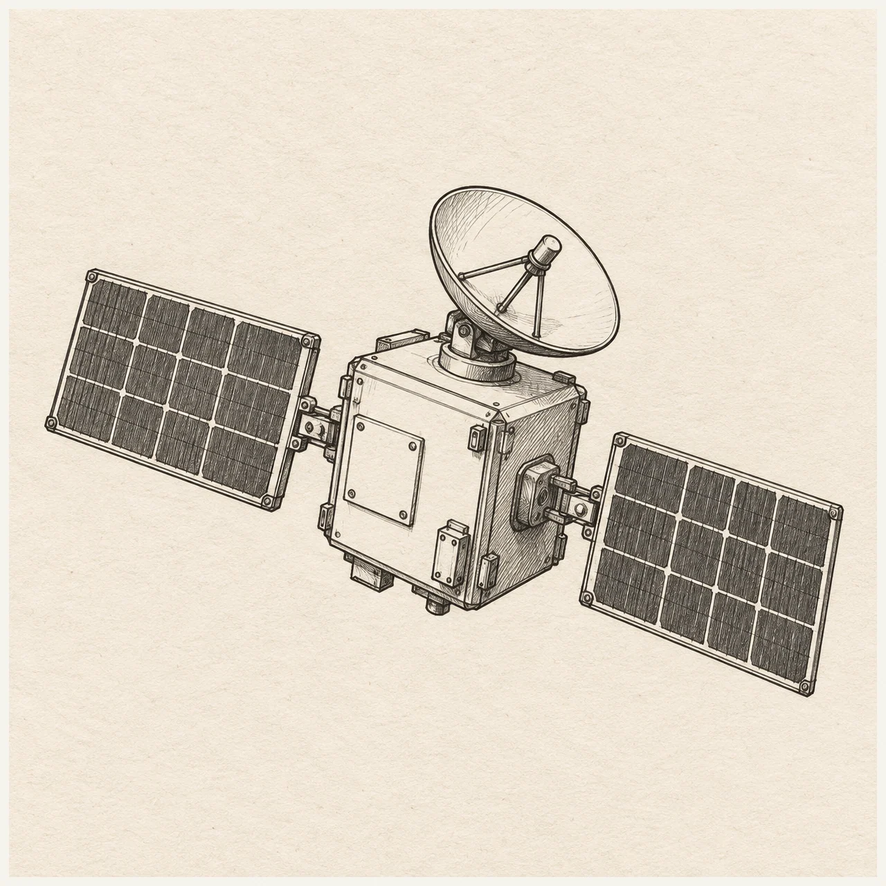 Orbital satellite drawn in black and gray fineliner on pale cream textured sketchbook paper, with a complete silhouette and open margins.