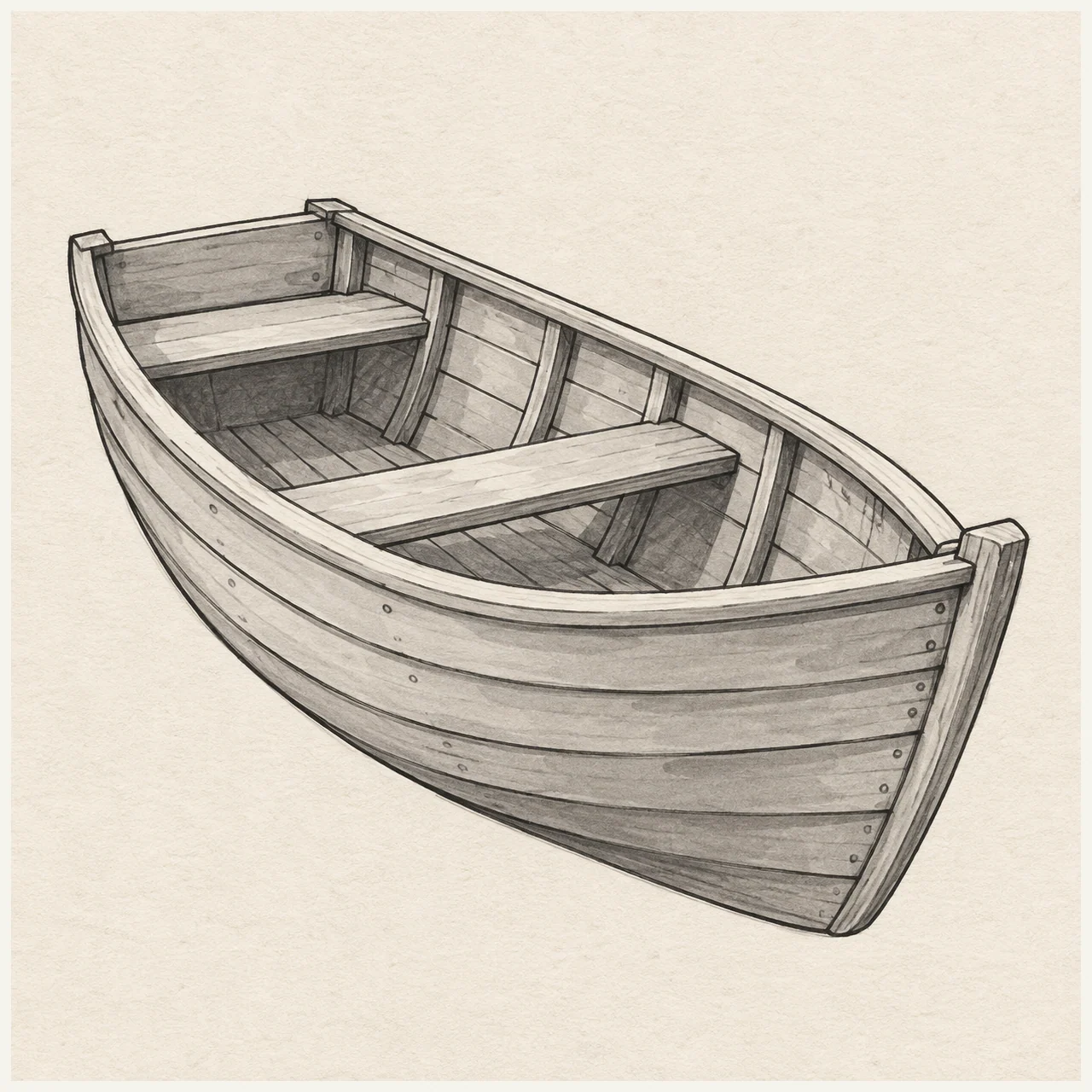 Rowboat drawn in black and gray marker on pale cream textured sketchbook paper, with a complete silhouette and open margins.