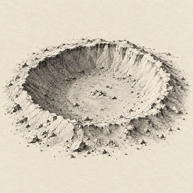 Lunar crater drawn in black and gray fineliner on pale cream textured sketchbook paper, with a complete silhouette and open margins.