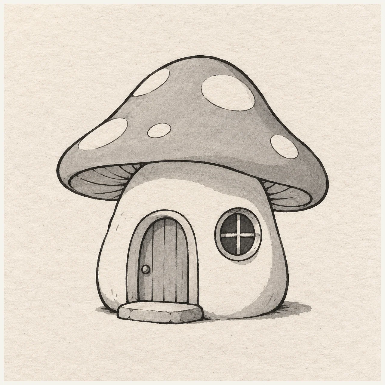 Mushroom house drawn in black and gray marker on pale cream textured sketchbook paper, with a complete silhouette and open margins.