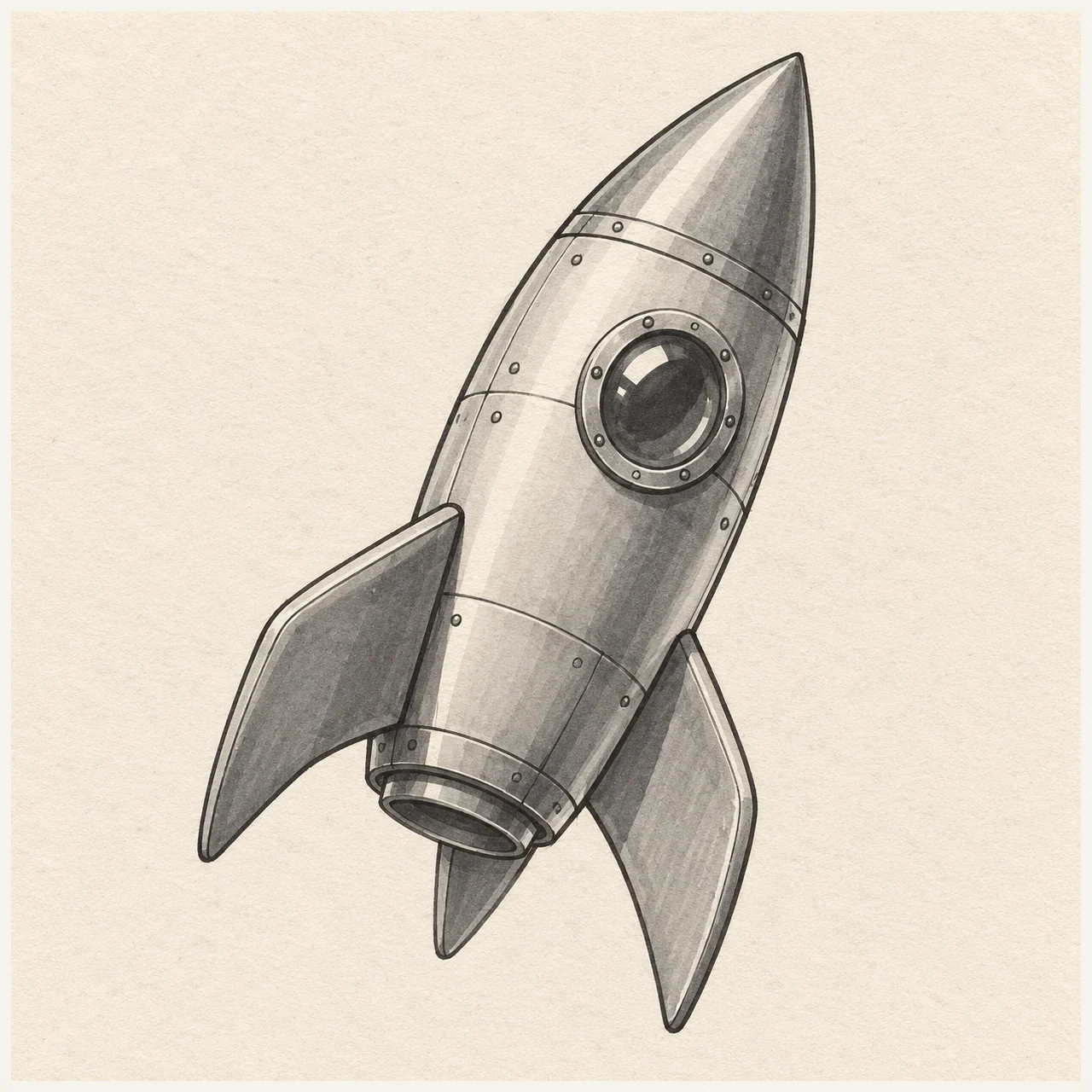 Rocket drawn in black and gray marker on pale cream textured sketchbook paper, with a complete silhouette and open margins.