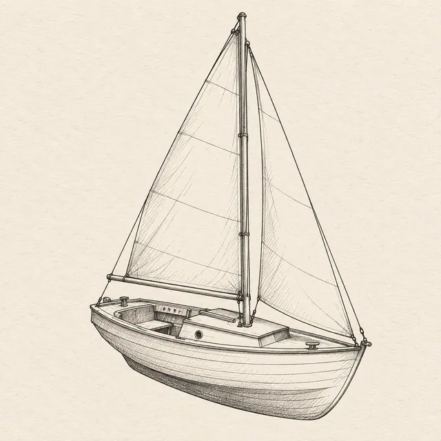 Sailboat drawn in black and gray fineliner on pale cream textured sketchbook paper, with a complete silhouette and open margins.