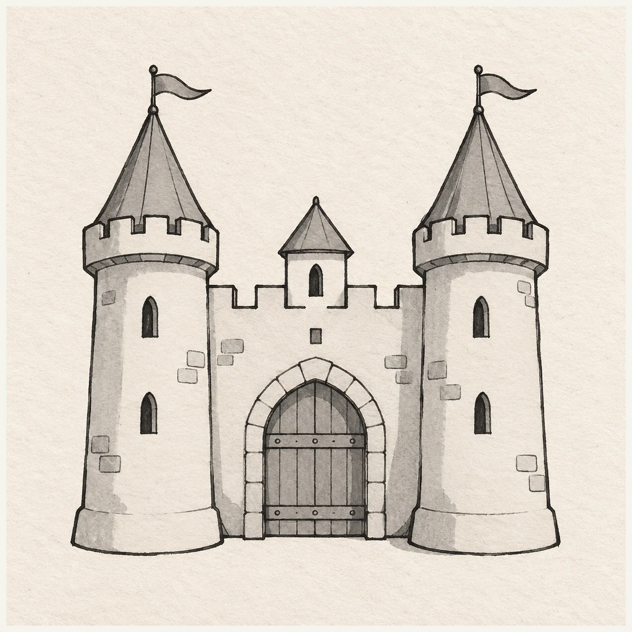 Castle drawn in black and gray marker on pale cream textured sketchbook paper, with a complete silhouette and open margins.