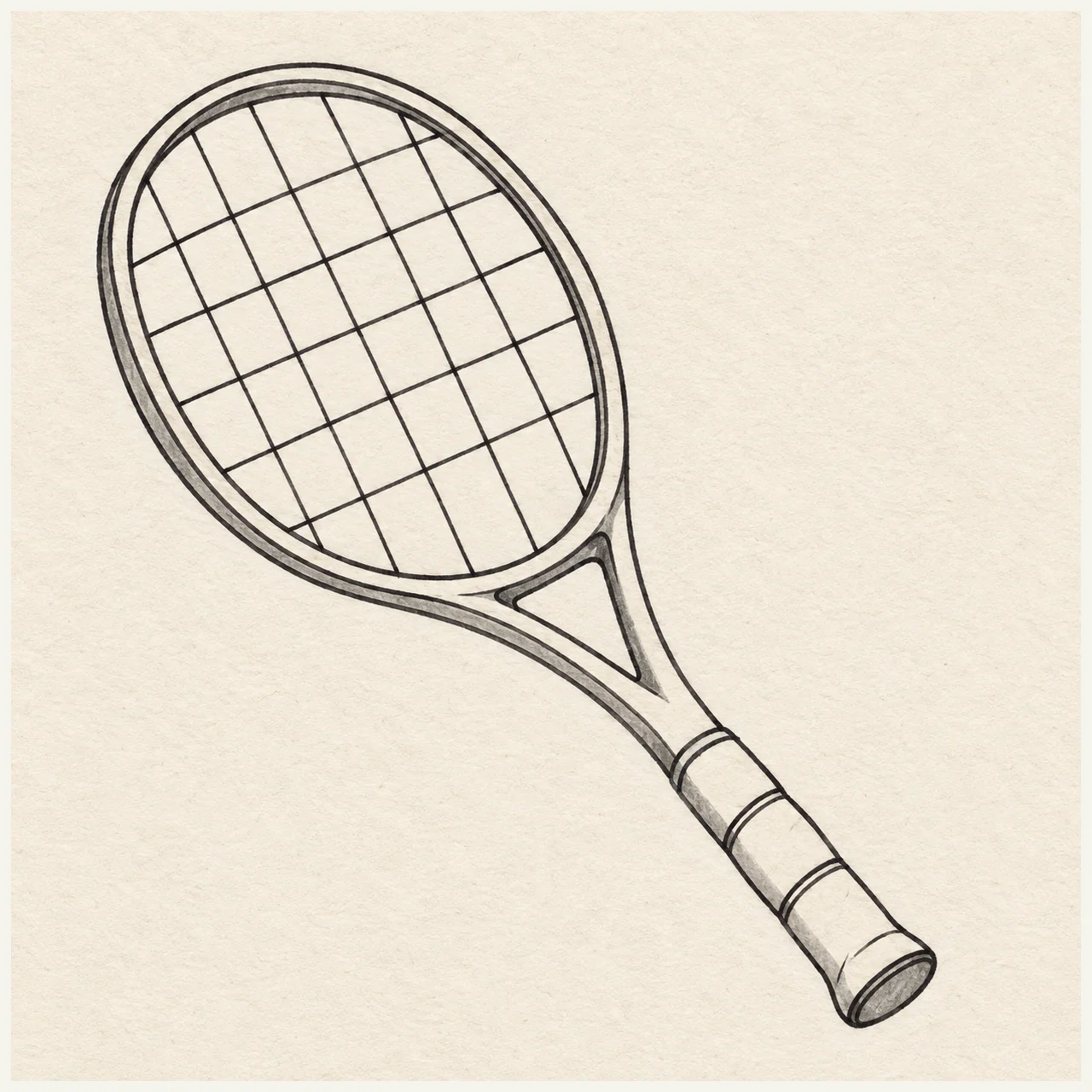 Black and gray marker drawing of a diagonal tennis racket with a doubled oval frame and a sparse crossing string grid on pale textured sketchbook paper.