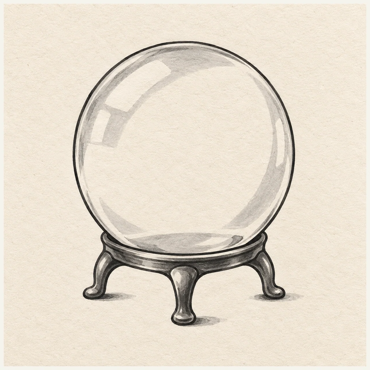 Crystal ball drawn in black and gray marker on pale cream textured sketchbook paper, with a complete silhouette and open margins.