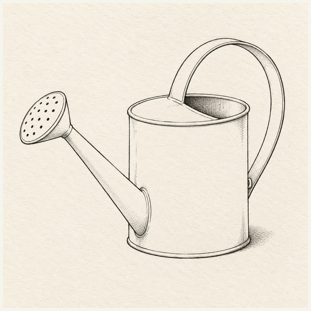 One plain watering can in three-quarter view, cylindrical body, arching handle and a connected long spout. Black and gray fineliner drawing on warm textured sketchbook paper.