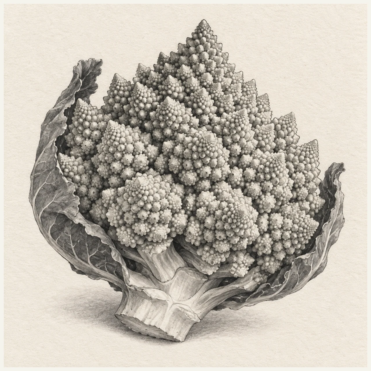 Detailed pencil drawing of Romanesco with nested cone clusters, two outer leaves and a cut stalk on textured paper.