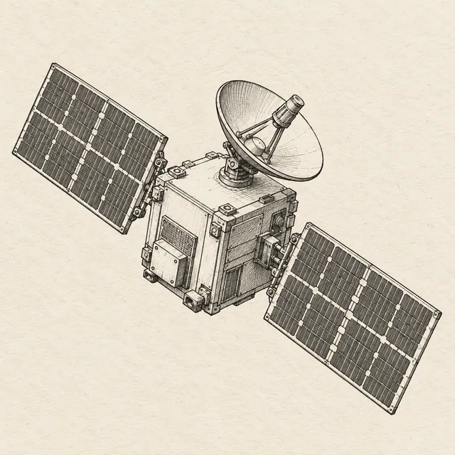Orbital satellite drawn in black and gray fineliner on pale cream textured sketchbook paper, with a complete silhouette and open margins.