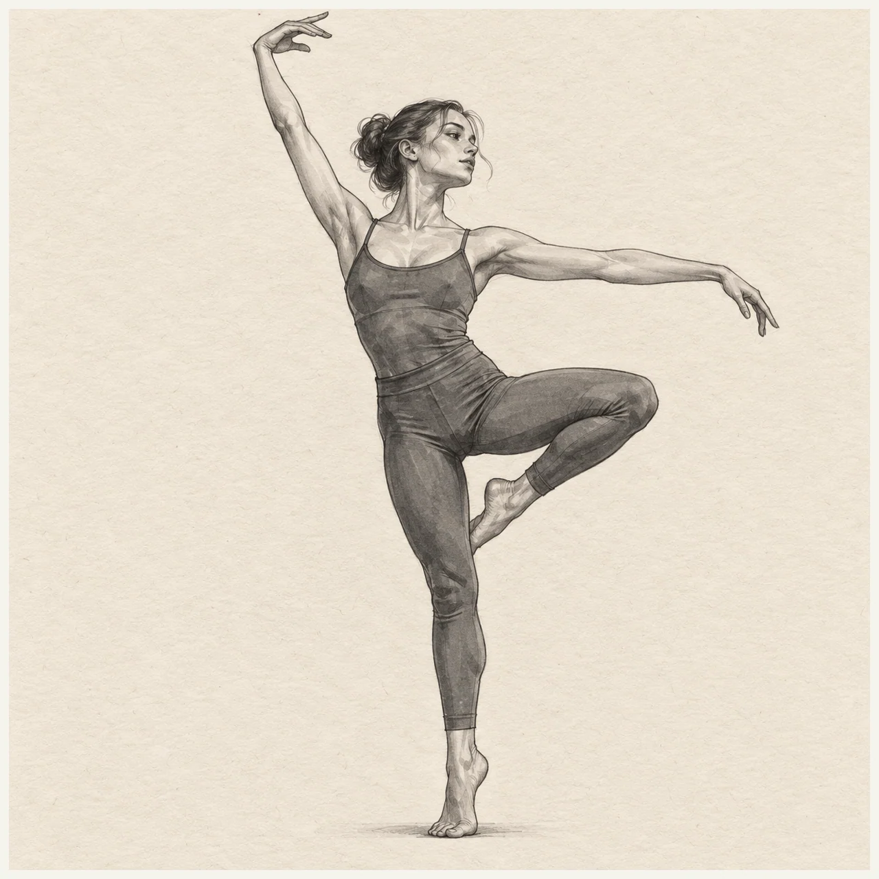 Dancer drawn in black and gray marker on pale cream textured sketchbook paper, with a complete silhouette and open margins.