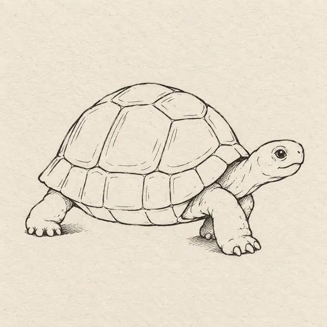 A turtle walking in side three-quarter view, domed shell, small head and four short legs with natural near-far overlap. Black and gray fineliner drawing on warm textured sketchbook paper.