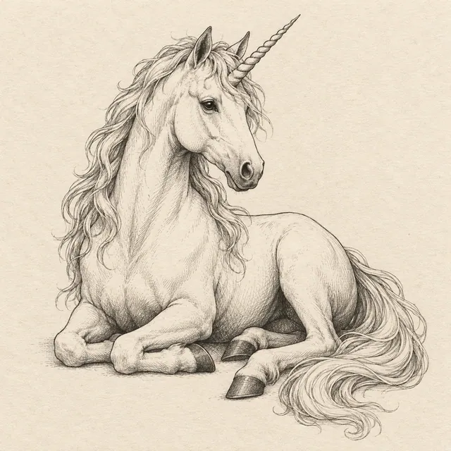 A reclining unicorn with one forehead horn, overlapping legs, a long mane and a flowing tail. Black and gray fineliner drawing on warm textured sketchbook paper.