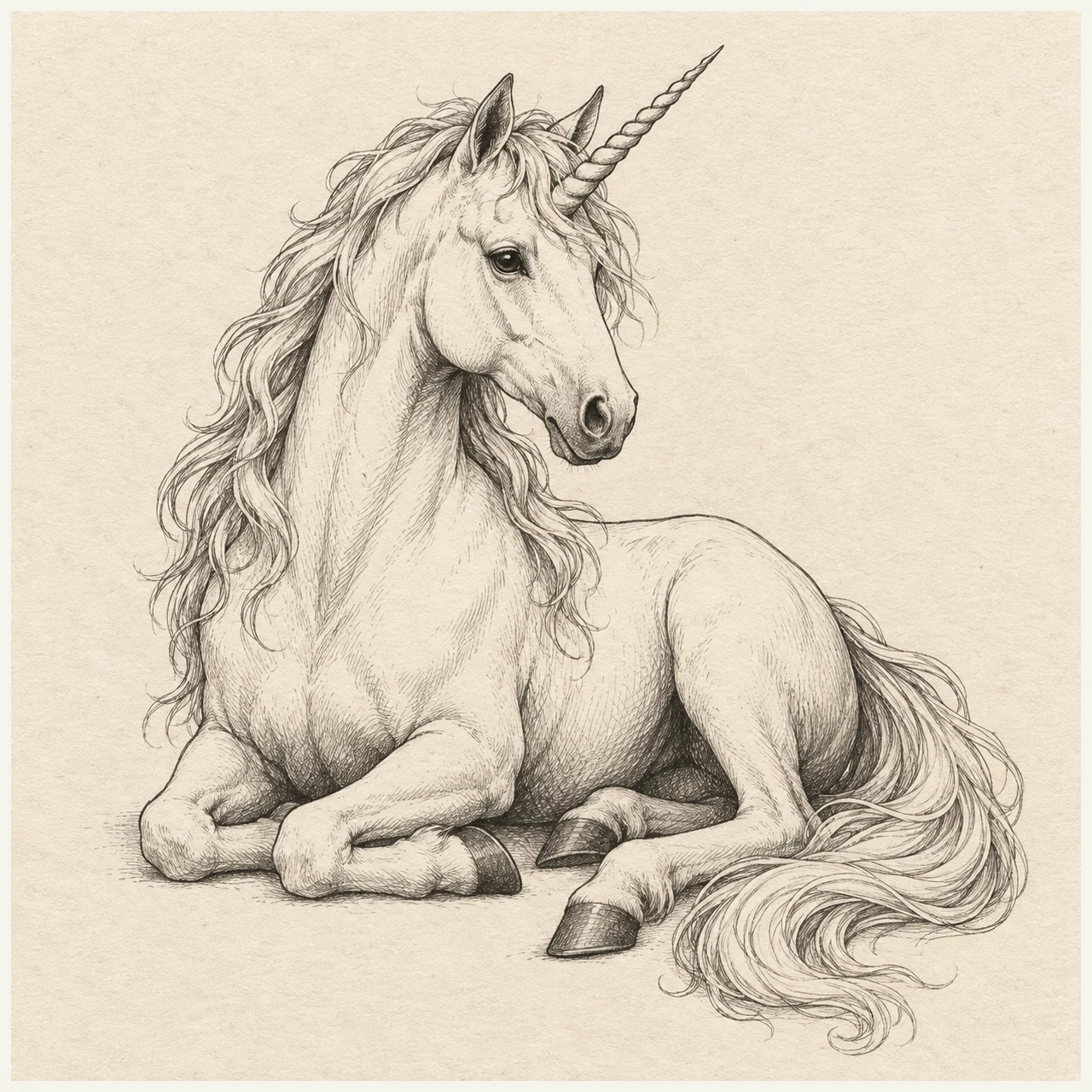 A reclining unicorn with one forehead horn, overlapping legs, a long mane and a flowing tail. Black and gray fineliner drawing on warm textured sketchbook paper.