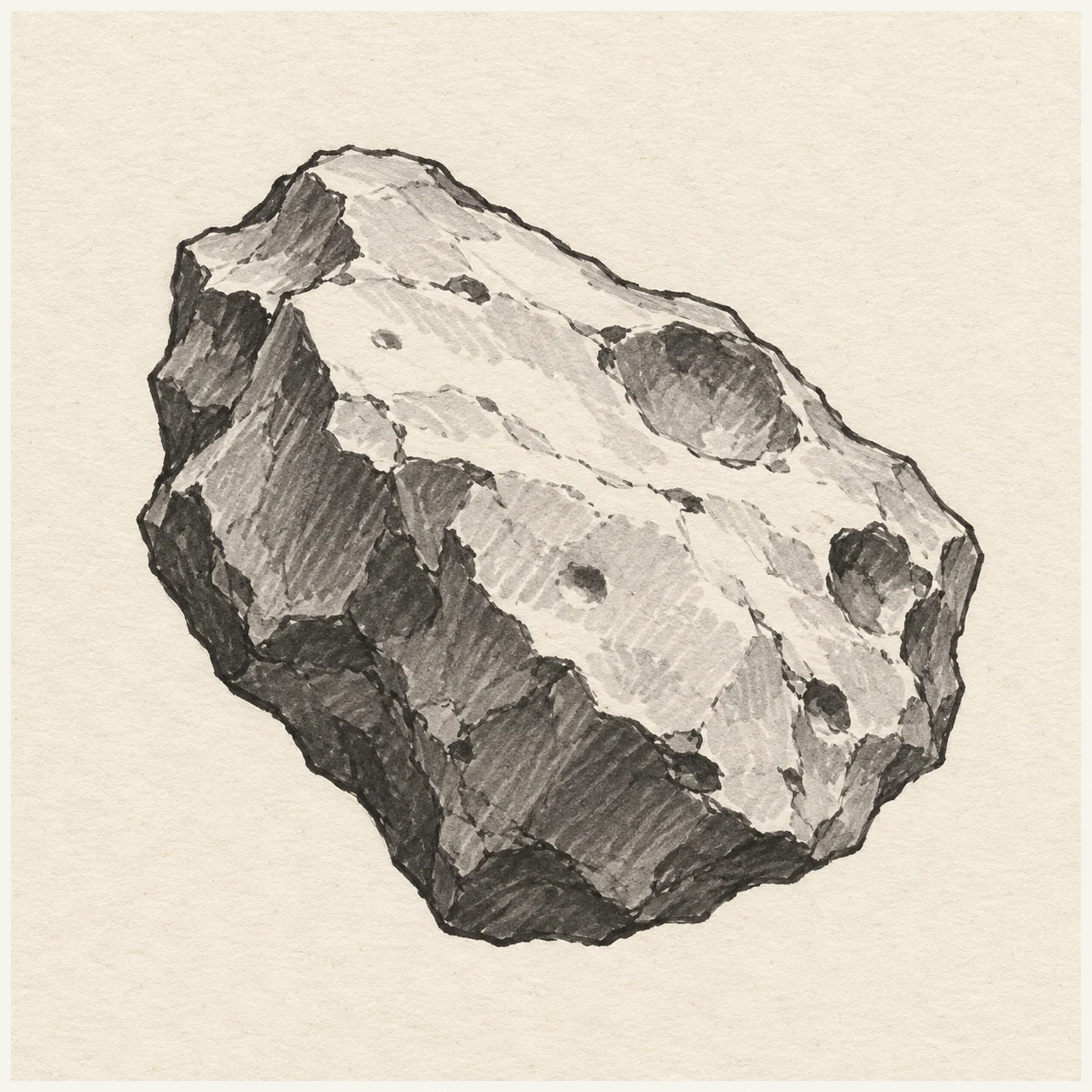 Meteorite drawn in black and gray marker on pale cream textured sketchbook paper, with a complete silhouette and open margins.