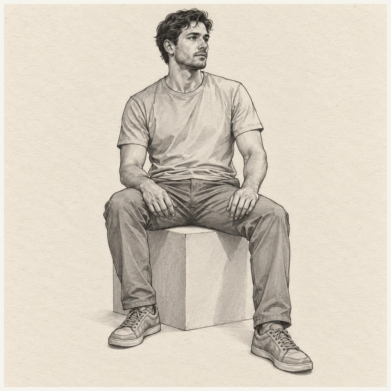 Seated person drawn in black and gray marker on pale cream textured sketchbook paper, with a complete silhouette and open margins.