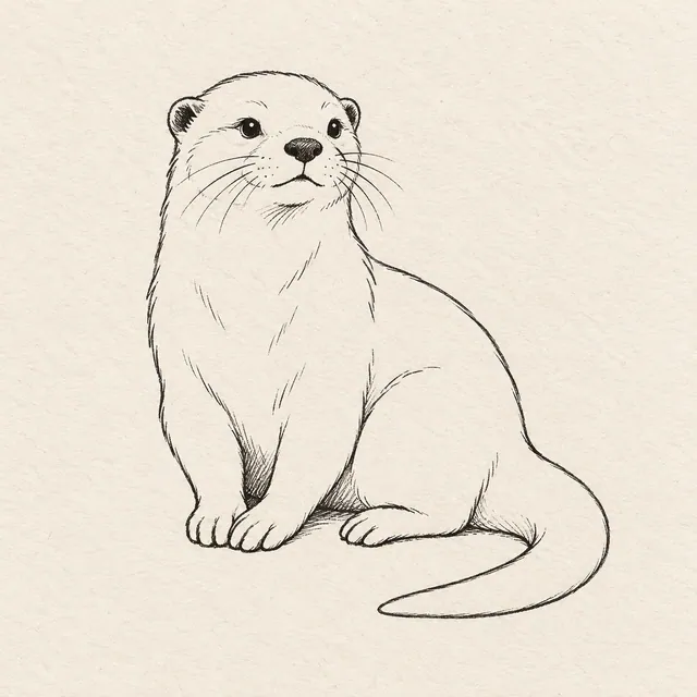A seated otter with rounded muzzle, small ears, two forepaws resting together and a long tapering tail curling beside the body. Black and gray fineliner drawing on warm textured sketchbook paper.