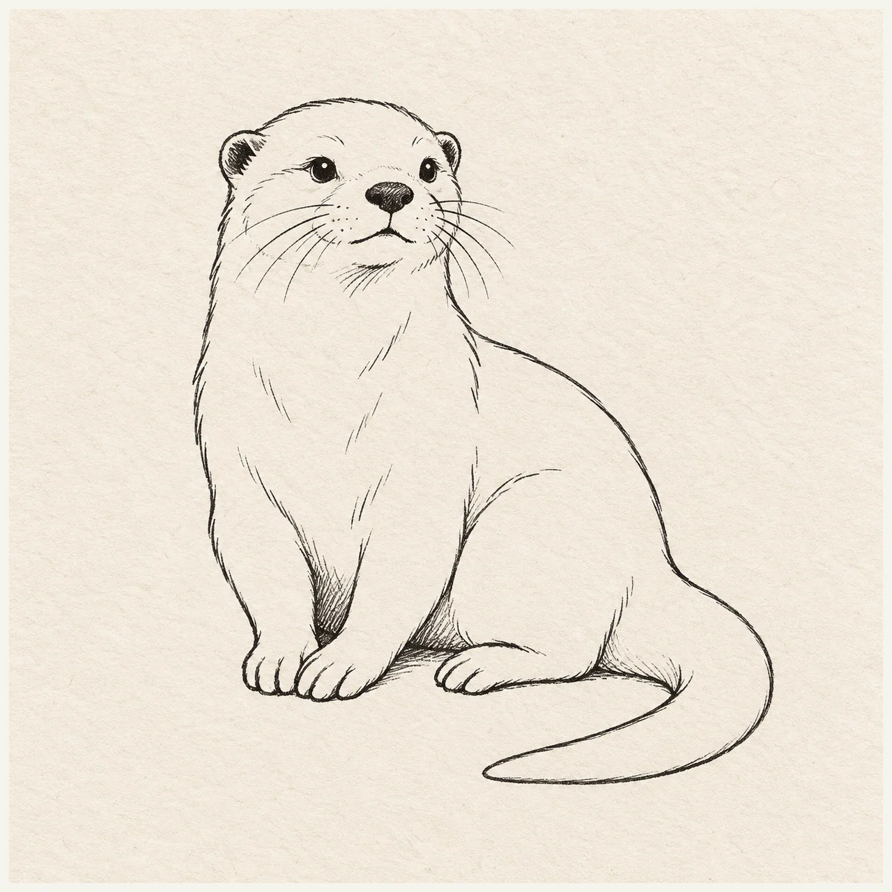 A seated otter with rounded muzzle, small ears, two forepaws resting together and a long tapering tail curling beside the body. Black and gray fineliner drawing on warm textured sketchbook paper.