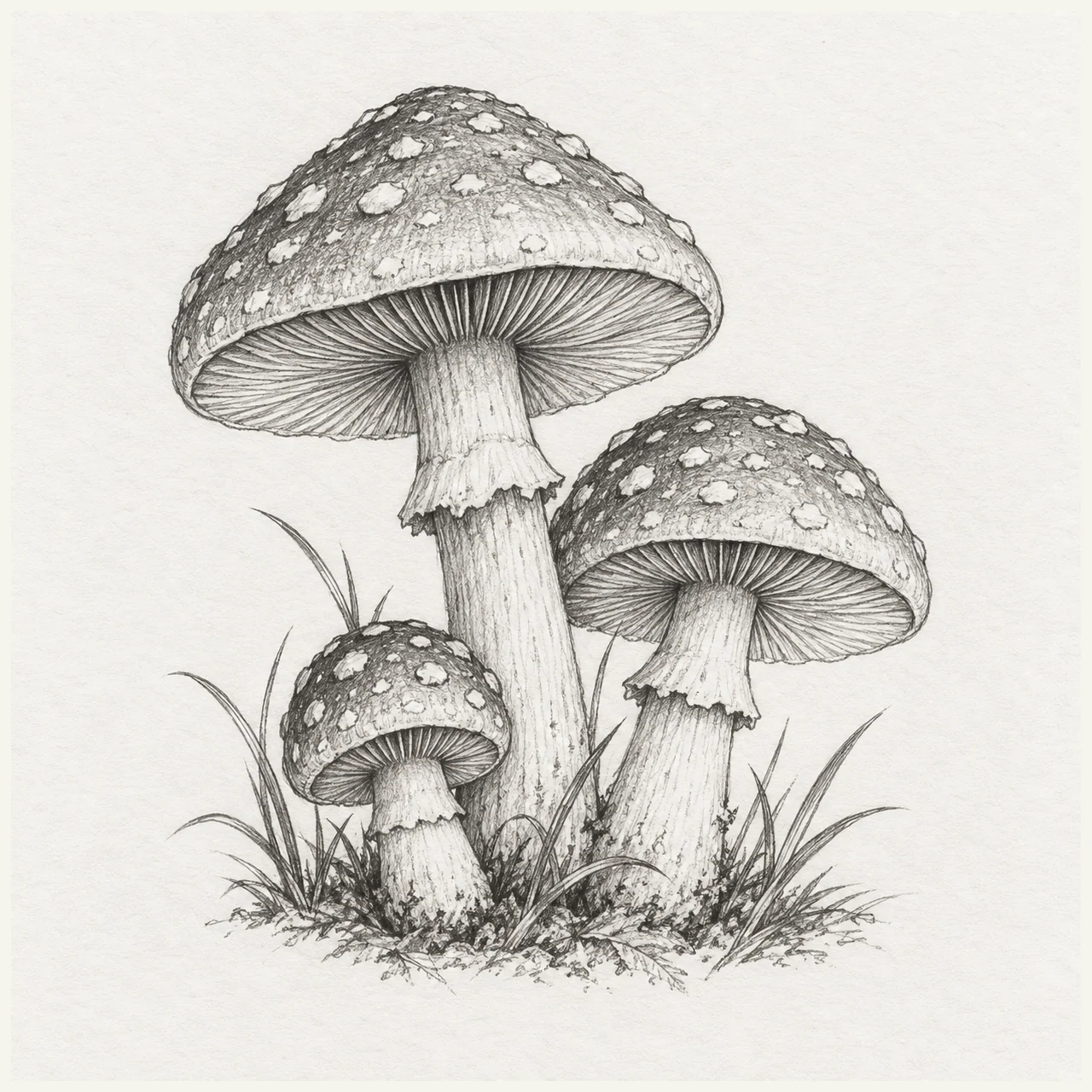 Three pencil-drawn woodland mushrooms with spotted caps, slender stems, and a few blades of grass.